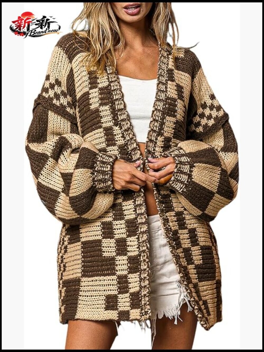 Vintage Open Front Chunky Knit Checkered Cardigan Sweater Long Sleeve